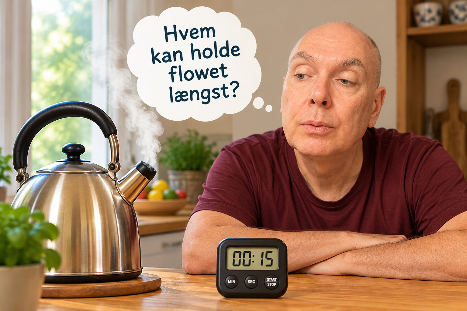 Illustration af en person, der ser på en hvislende kedel med en tænkeboble: Hvem kan holde flowet længst? og et ur, der viser 00:15